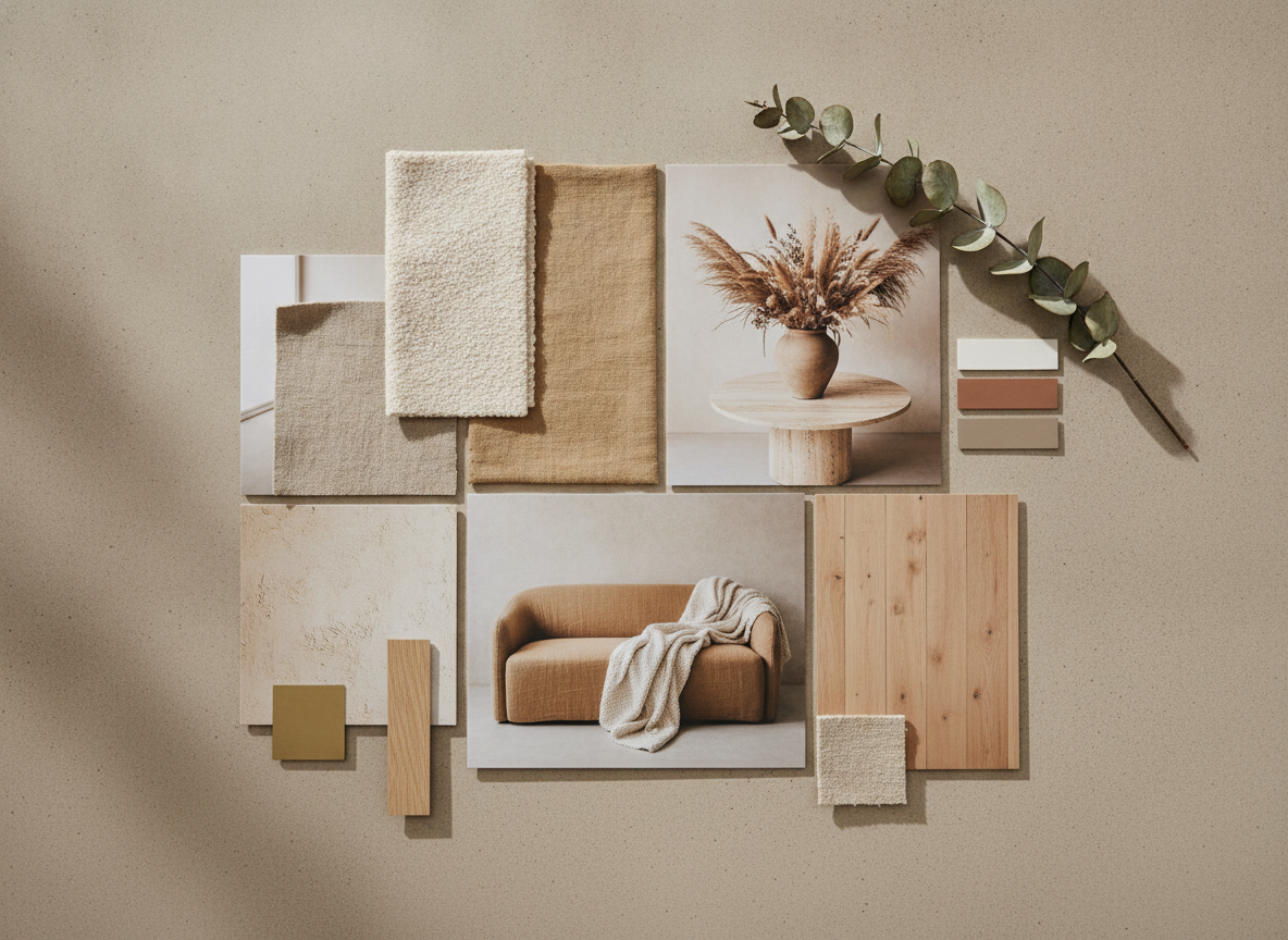 AI mood board generator result for a warm minimalist interior: a flat lay collage of an oatmeal linen sofa, wide oak boards, a plaster wall and a travertine table, with bouclé and linen swatches, chalk white, clay and taupe paint chips and a brushed brass square