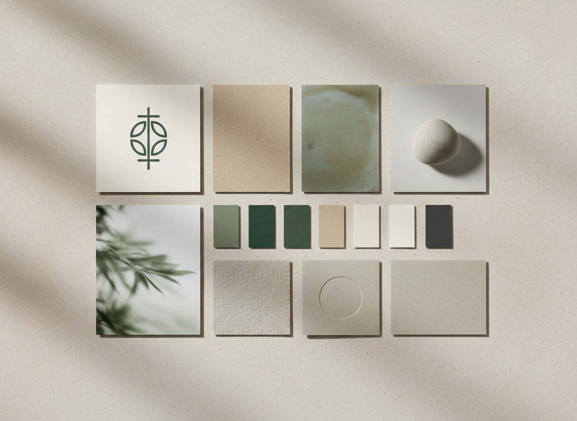 Brand identity mood board generated by AI for a wellness studio: an abstract sage symbol mark on cream, uncoated paper stock, matte ceramic and blurred motion tiles beside a row of sage, forest, sand, off white and charcoal colour chips