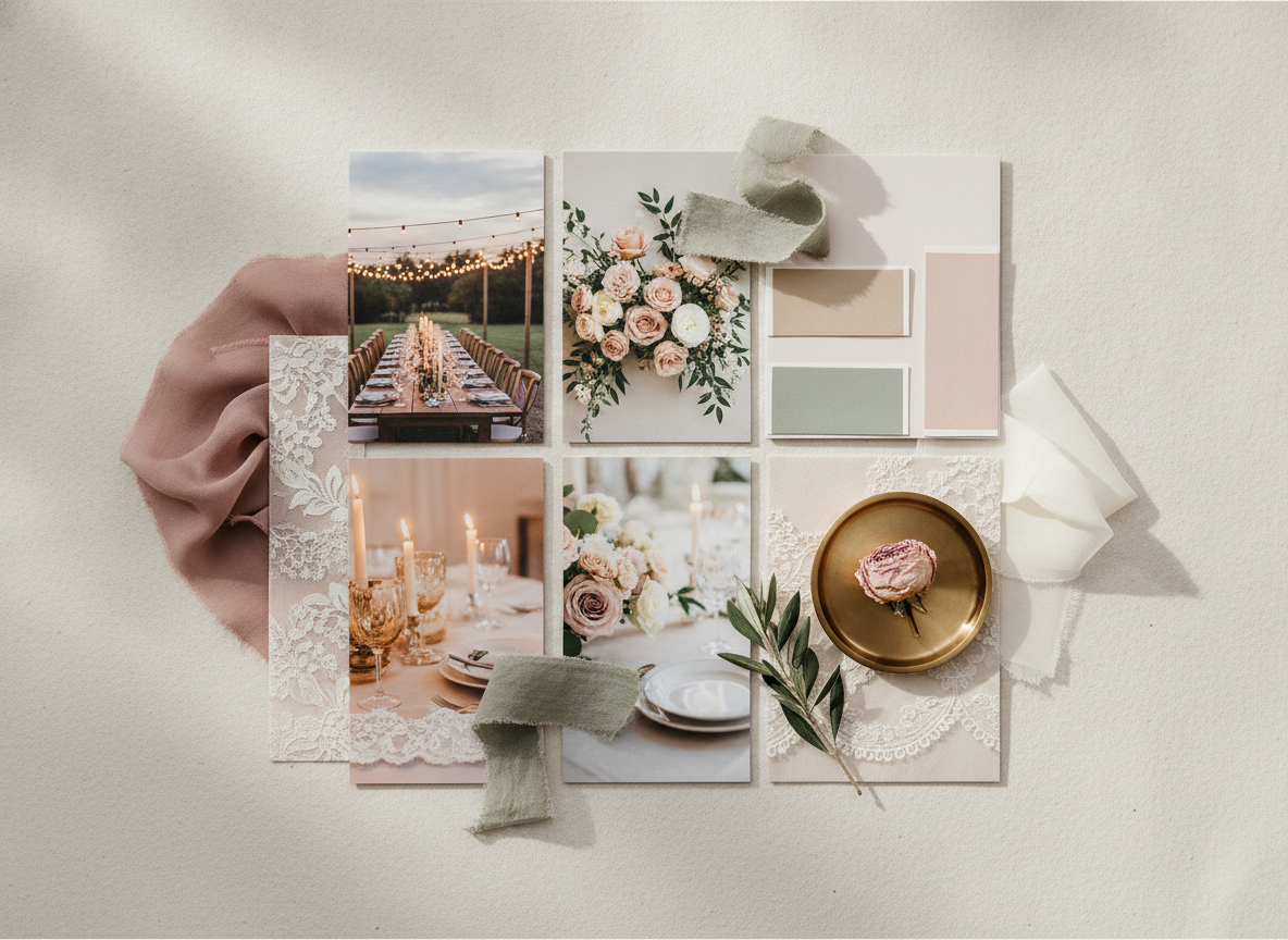 Wedding mood board from the AI mood board generator: a candlelit garden tablescape, a blush and ranunculus bouquet and ivory lace tiles with dusty rose silk, sage ribbon and ivory chiffon swatches, olive foliage and a gold ring dish
