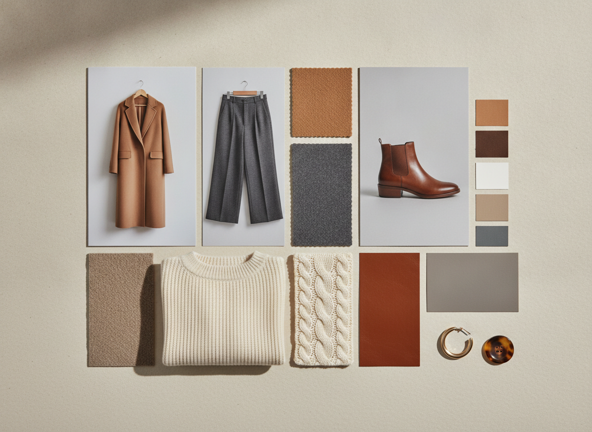 Fashion capsule wardrobe mood board created with AI: a camel wool coat, charcoal wide-leg trousers, a folded cream cashmere knit and a cognac leather boot with matching wool, flannel, cashmere and leather swatches and four neutral colour chips