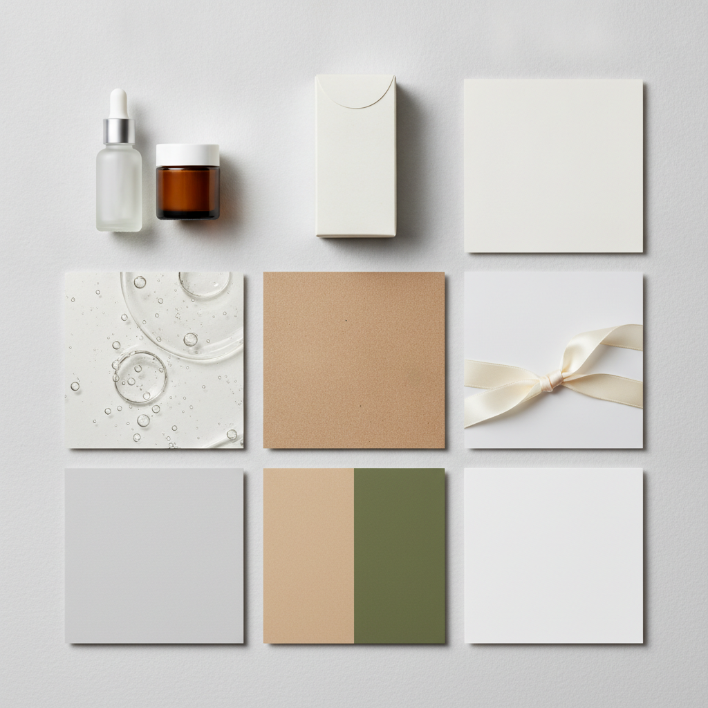 Product and packaging mood board from the AI mood board generator: unbranded frosted glass and amber skincare vessels, a matte folded carton and a clear gel macro shot with cardboard, film and satin swatches in grey, sand, olive and white