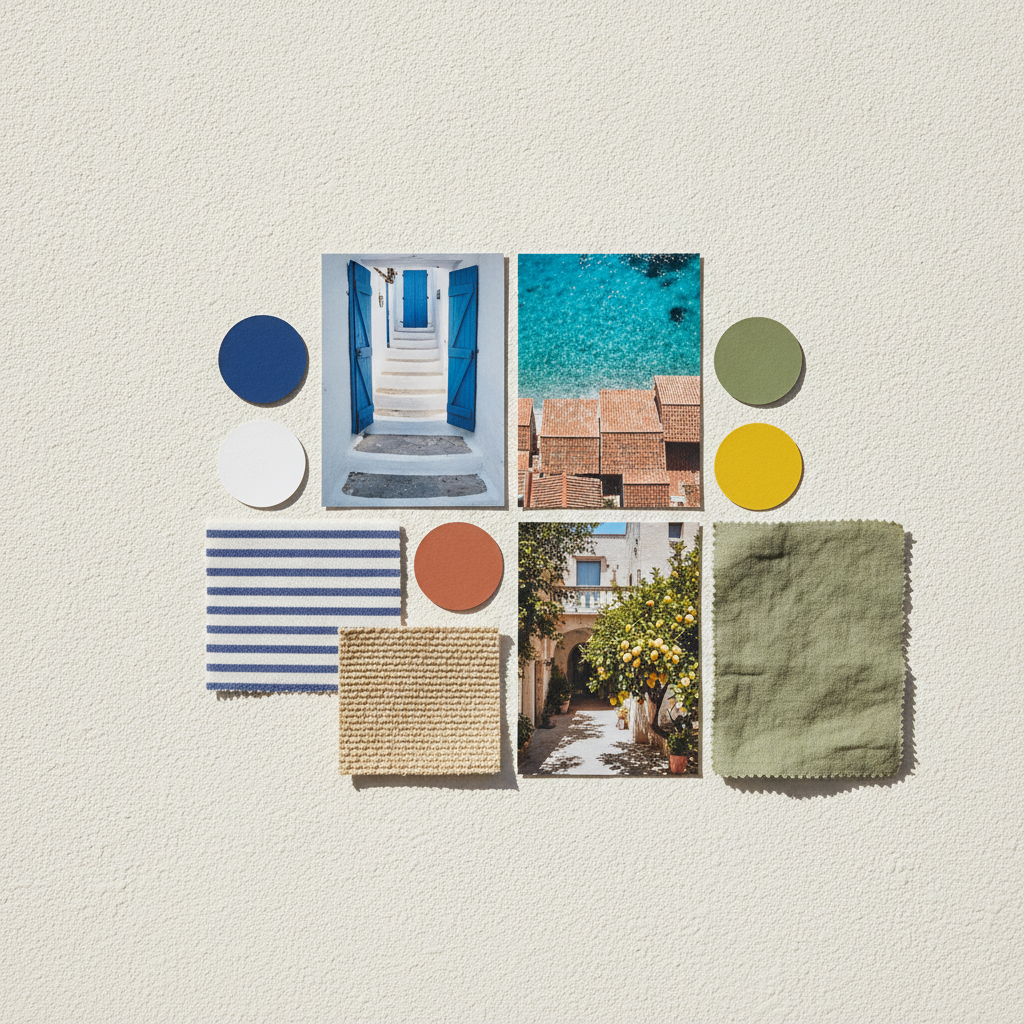 Travel and colour palette mood board generated by AI: whitewashed steps with blue shutters, turquoise sea, terracotta rooftops and a lemon tree courtyard with striped cotton, raffia and washed linen swatches and five coastal colour chips