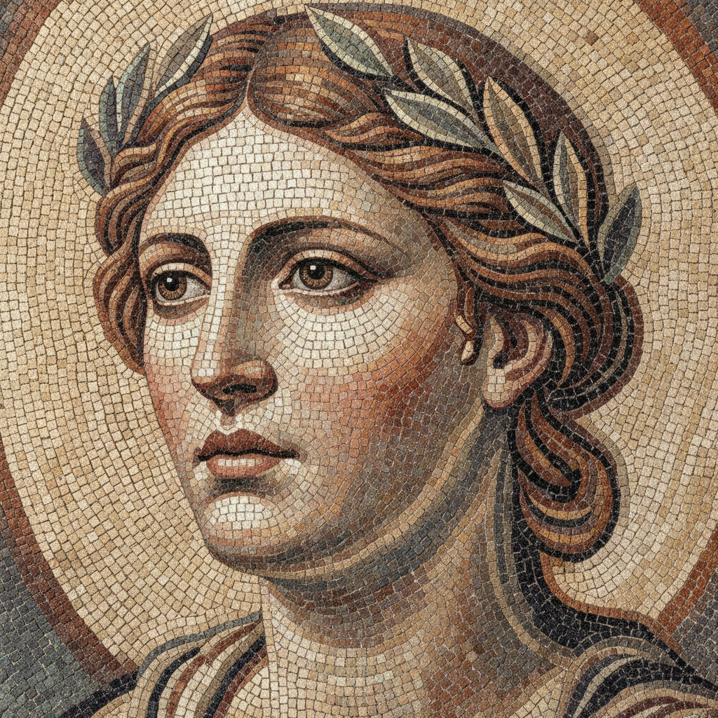 AI mosaic art generator result: a Roman style stone mosaic of a laurel-wreathed face, built from small square tesserae in cream, ochre, rust and grey set in curved rows that follow the contours of the cheek and brow