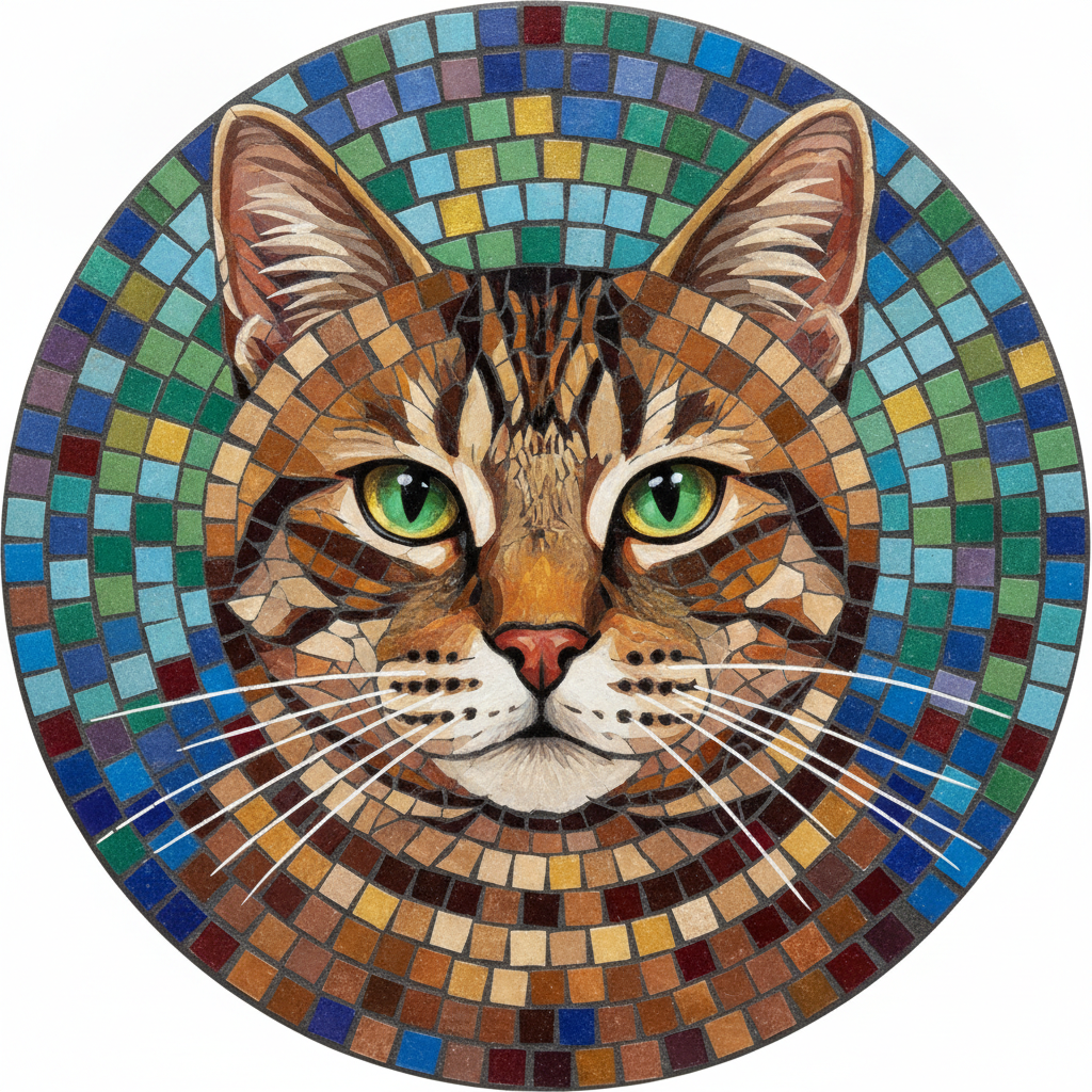 A circular mosaic roundel of a tabby cat face in warm browns and ambers with green eyes, ringed by concentric bands of small square glass tiles in blue, teal, red and gold