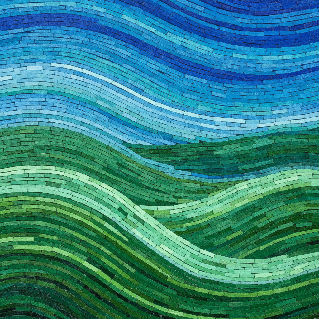 A mosaic landscape of green hills beneath a blue sky, built entirely from long horizontal courses of small rectangular tesserae that bend to follow the roll of the hills and the sweep of the sky