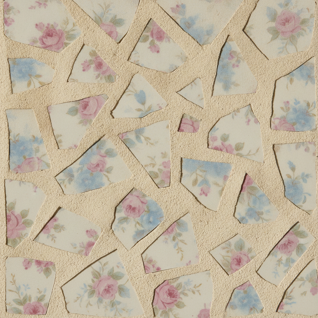A broken china mosaic panel of irregular crockery shards printed with pink roses and small blue flowers, set well apart in wide sandy cream grout