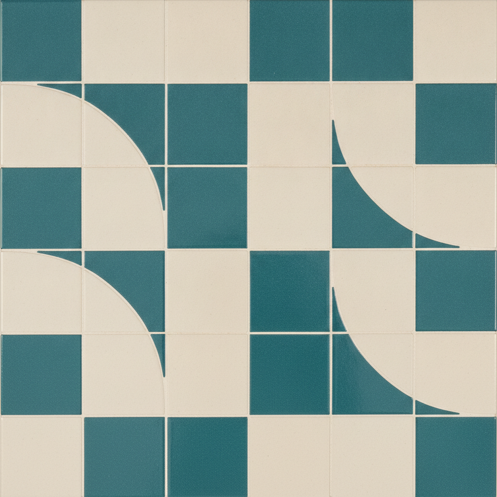 A simple two colour mosaic of large square cream and deep teal tiles in a grid, with quarter circle curves cutting across some of the tiles and thin pale grout lines between them