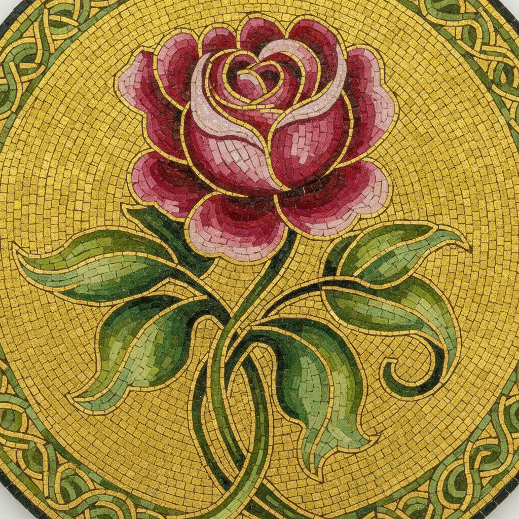 A circular micro mosaic of a pink rose with green leaves on curling stems, laid over a warm gold ground of tiny tesserae and ringed by an interlaced green border