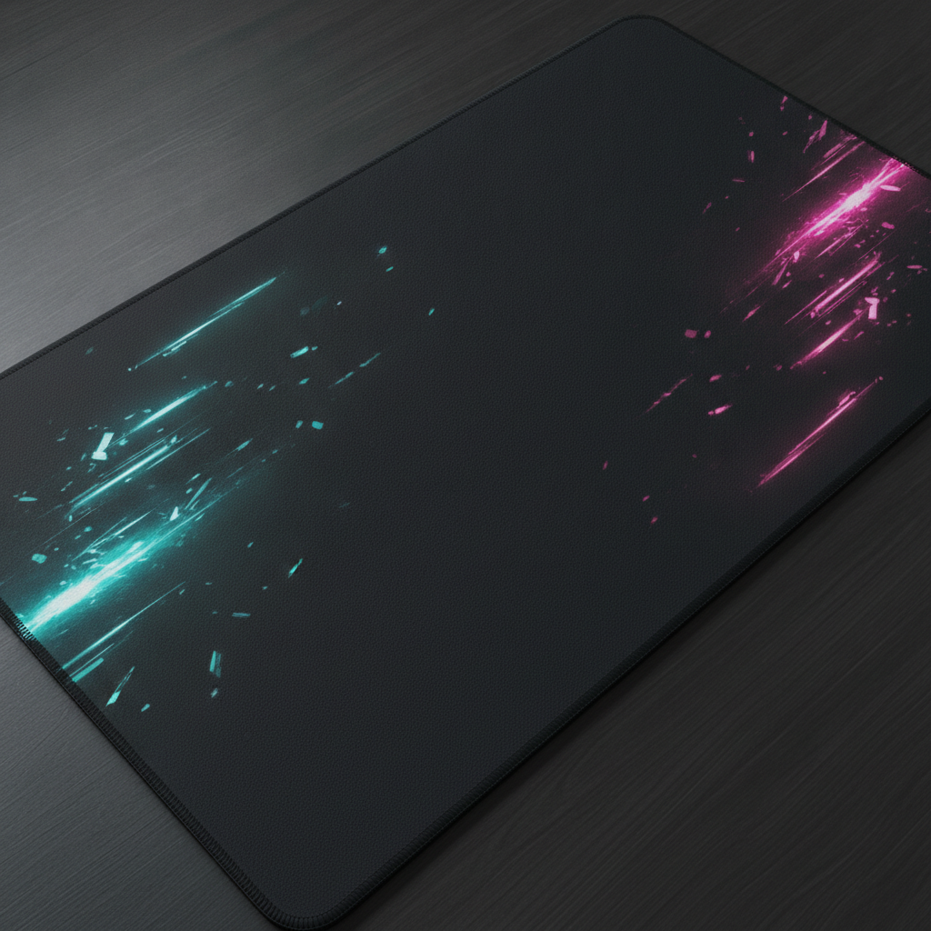 AI mouse pad design generator result: a charcoal black extended gaming desk mat printed with angular teal and magenta light streaks sweeping diagonally across it, with a plain black mouse zone