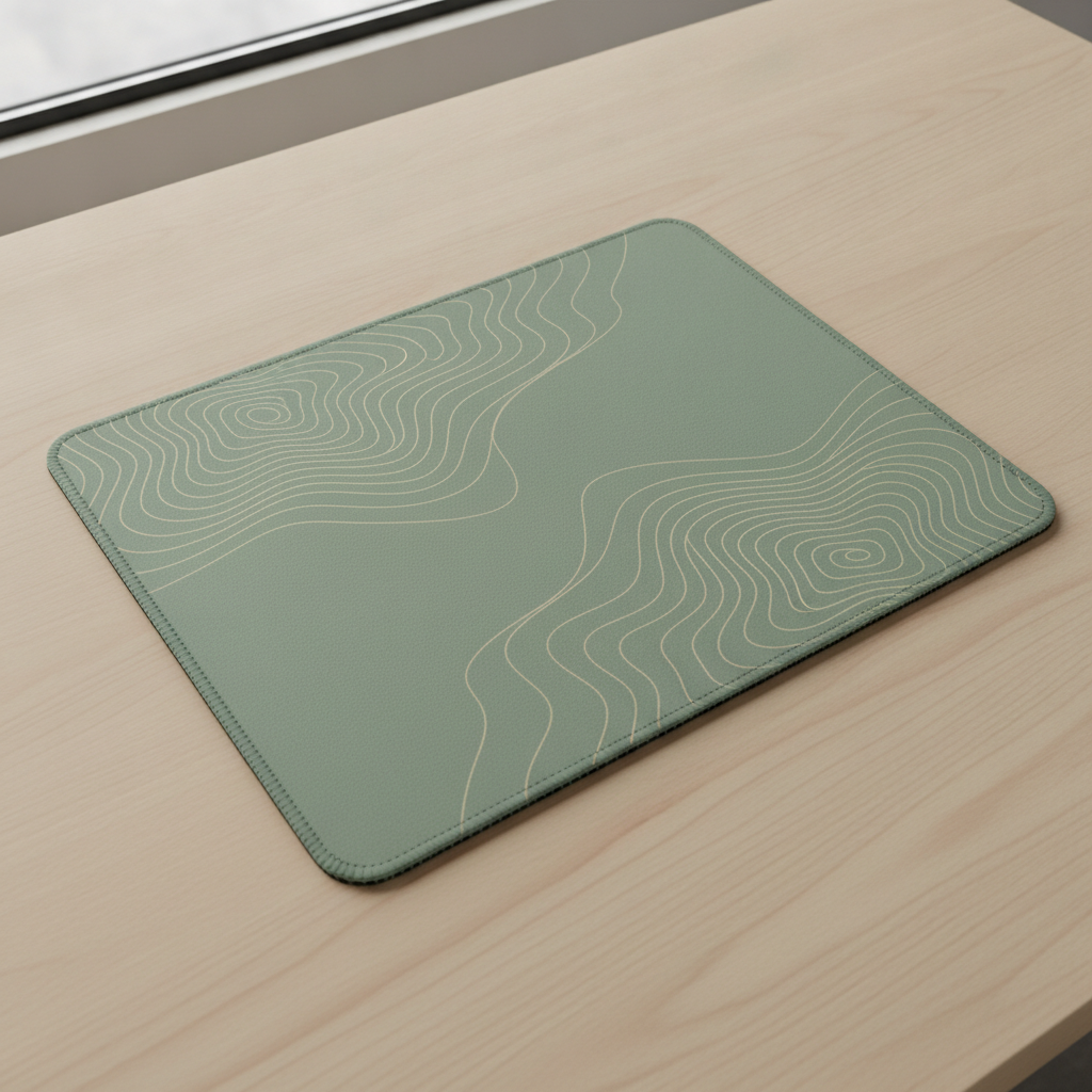 Topographic mouse pad design made with AI: a sage green cloth pad printed with fine cream contour lines mapping an imaginary range of hills