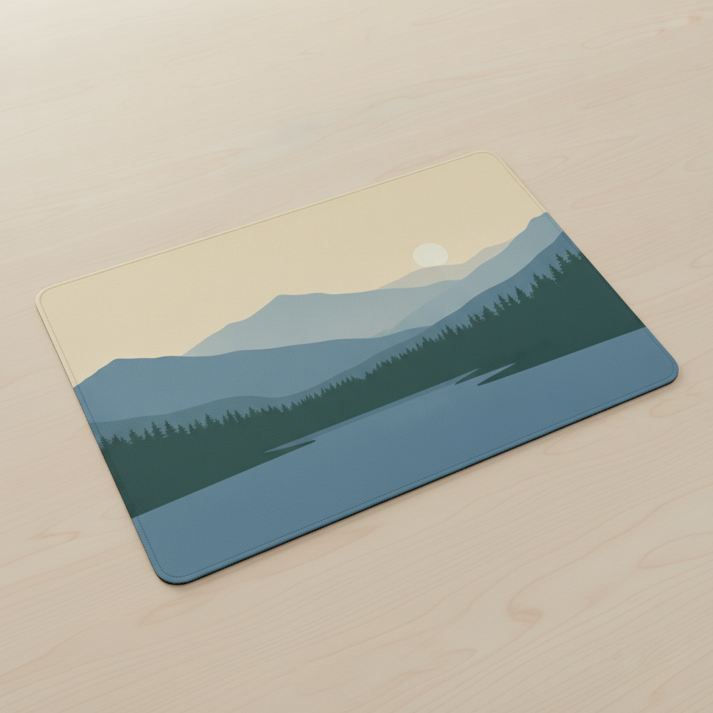 Landscape desk mat design from the AI mouse pad design generator: a wide pad printed with flat layered mountain ridges, pine forest and a slate blue lake under a warm cream sky