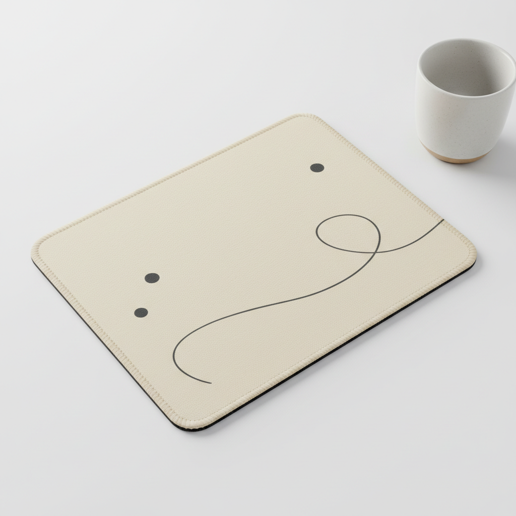 Minimalist mouse pad design made with AI: an oatmeal cream cloth pad with a single thin charcoal curve and three small scattered dots on otherwise empty ground
