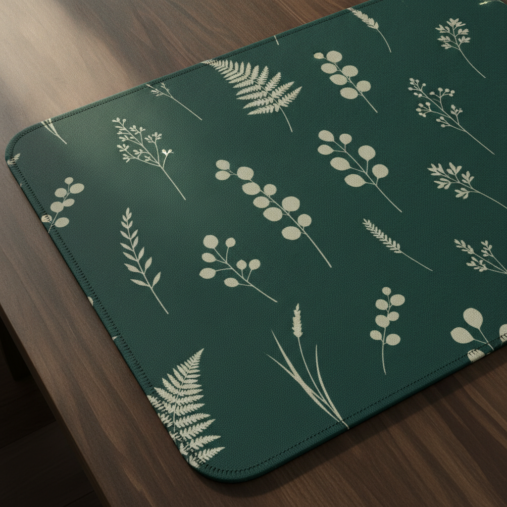 Botanical mouse pad design from the AI mouse pad design generator: a deep forest green pad scattered with flat cream and sage fern, eucalyptus and leaf silhouettes