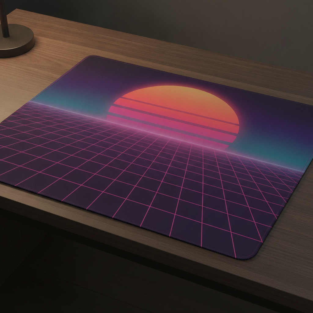 Retro grid desk mat design made with AI: a midnight purple extended pad with a magenta perspective grid receding to a horizon and a banded orange and pink half sun