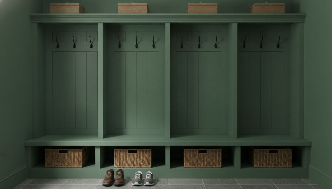 AI mudroom design generator result: a built in mudroom bench and cubby unit in deep sage green running along one wall, four equal bays with full height dividers, a continuous bench seat on a plinth with a recessed toe kick, one woven basket in each of the four cubbies below, coat hooks in every bay, a lidded box on the shelf above each bay, and grey slate look tile below. The counts that describe the unit all landed. Four bays, four dividers, four baskets sitting fully inside their openings, four boxes above, and a toe kick that is genuinely recessed. The count inside the bays did not. Each bay was asked for exactly two double hooks, eight across the run, and every bay came back with three, so the unit carries twelve. The lighting instruction was ignored outright: the preset asked for daylight from the left with a graded fall from bright at the left bay to dim at the right, and for every divider board to throw a shadow onto the back board of the bay beside it, and what came back is flat even light with no divider shadows at all. The boots and trainers also straddle a divider instead of standing in front of one bay.
