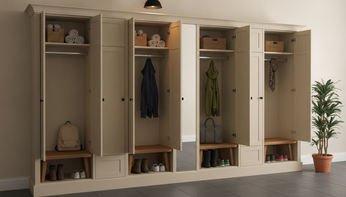 AI mudroom design generator result: a run of full height individual mudroom lockers in warm off white, some with doors open showing a hanging rail, a shelf above, a bench seat and shoes below, some with doors closed on small round black knobs, a narrow mirrored strip in the middle of the run, charcoal tile flooring and a potted plant in the near corner. What is inside each locker is exactly right: a rail with a shelf directly above it, a seat at bench height, shoes stood on the shelf beneath the seat, a coat or a bag hanging from a rail it is actually touching. How many lockers there are is not. The preset asked for four lockers, two doors open and two closed, and the run came back with seven compartments of three different widths, so the closed doors are visibly narrower than the open bays and no two neighbours match. The shoe drawer under each seat was asked for as a drawer and came back as an open shelf, and the bench seats arrived as freestanding splayed leg benches pushed into the lockers rather than as part of the carcass.