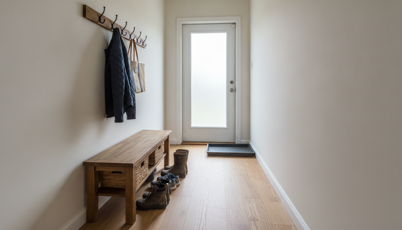 AI mudroom design generator result: a small mudroom drop zone in a back hallway, with an oak bench against the left wall over a shelf of woven baskets, a timber hook rail above carrying a quilted coat and a tote bag, boots lined up on the floor beside the bench, a shallow grey boot tray against the right wall and a fully glazed back door at the far end. The light is the best thing here and it is the instruction that has failed most often on other pages in this series. Daylight was specified as coming only through the glazed panel of the back door, and the frame obeys exactly: the far end is blown out bright, the near end falls into shadow, and the hook rail and the coat throw a real shadow up the left wall away from the door. The size instruction failed again. The hallway was specified at four feet wide with only twenty two inches of clear floor between the front edge of the bench and the opposite wall, too narrow for two people to pass, and what came back is a comfortable corridor with roughly four feet of open floor. The hook rail was asked for five single hooks and carries six doubles.