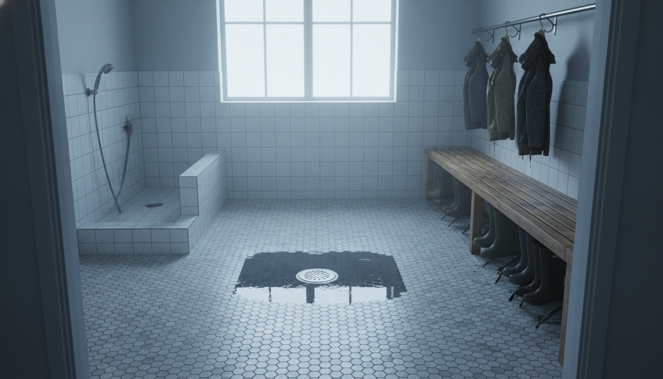 AI mudroom design generator result: a hard wearing wet weather boot room floored in small hexagonal tile, with a raised tiled dog wash bay and a handheld shower on a hose along the left wall, a slatted timber drying bench along the right, six rubber boots stood upside down on angled steel pegs beneath it, three waterproof coats on a wall rail above, half tiled white walls and a window on the far wall. The boots are the single best result in this set. Six of them, each pushed upside down onto its own angled peg, is the kind of repeated object arrangement that has bunched or floated on every earlier page, and here every boot meets its peg. The slatted bench came back with real gaps between real slats, and the second drain inside the dog wash bay is there. The fall is what failed. The floor was asked to slope down to the central drain from every side, and it is dead flat, with the slope substituted by a hard edged black rectangle of standing water around the drain that reads as a hole cut in the tile rather than as a low point. This is the second page running where a requested fall did not render at all.