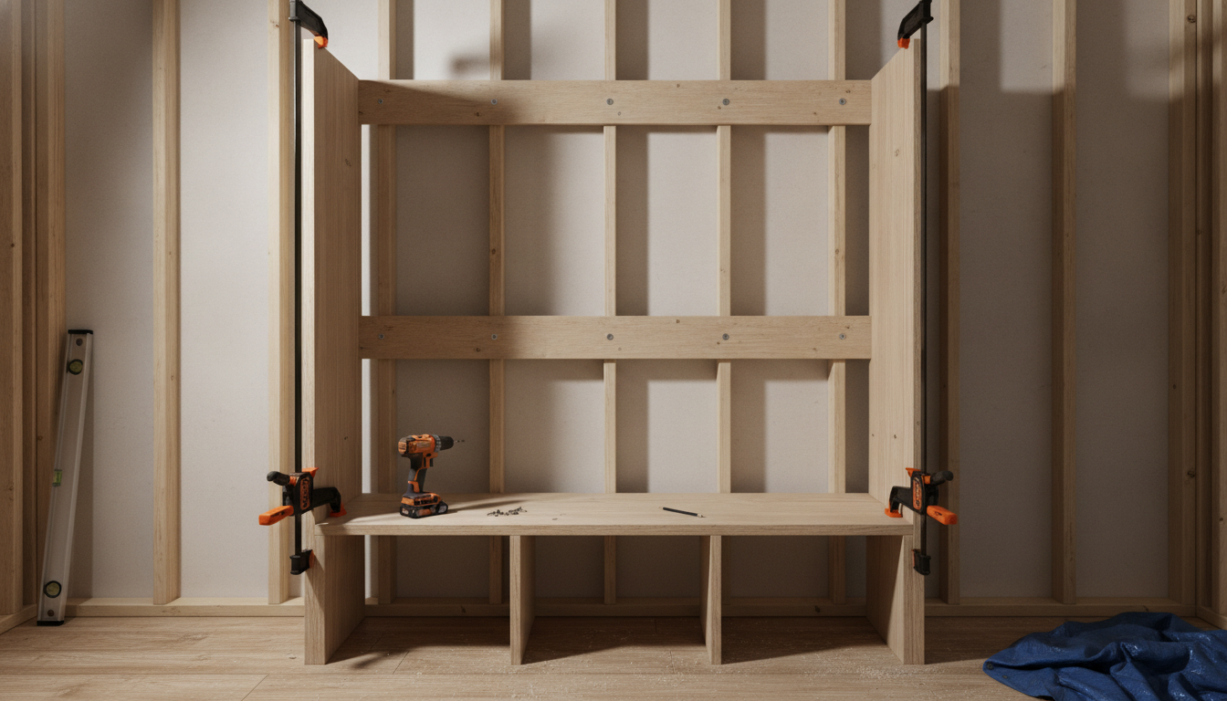 AI mudroom design generator result: a mudroom bench part way through being built, shot square on against a wall of exposed timber studs, with a bare plywood base carcass divided into four bays by three vertical dividers, a raw edged plywood seat top, two tall plywood side panels held by orange bar clamps, a horizontal blocking piece screwed across the studs at hook height, a cordless drill and a scatter of screws and a pencil on the seat, a level leaning against the wall on the left and a blue tarpaulin on the floor to the right. The blocking landed and it matters, because it is the piece people forget: a solid horizontal member screwed across the studs at hook height with the screw heads drawn on the centre of each stud, so the hooks have something to bite into. Every small prop asked for arrived too, drill, level, pencil and loose screws. The cleat did not. The preset asked for a timber cleat screwed to the studs at bench height carrying the back of the seat, and there is none, so the seat rests on the carcass alone. The clamps were asked for as two and came back as four, and the sawdust is scattered over a finished oak floor rather than a bare subfloor.