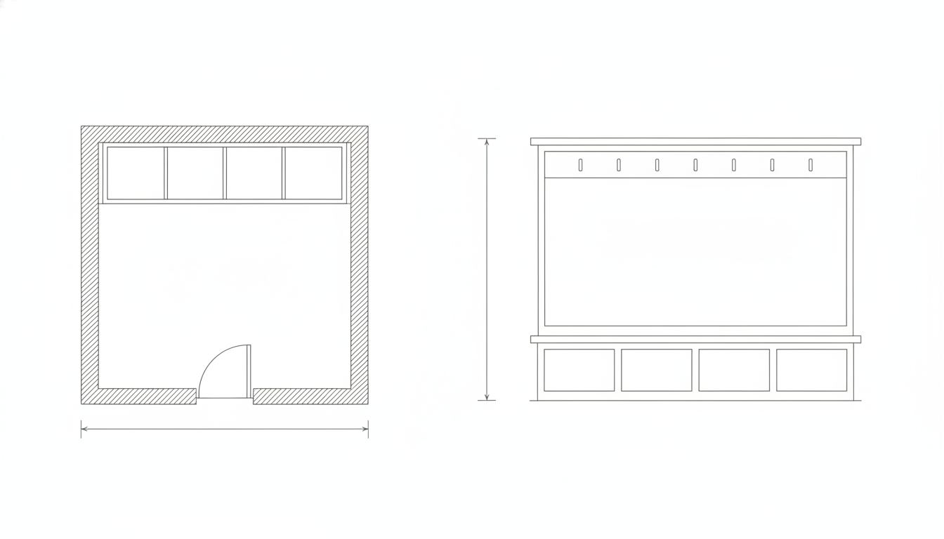 AI mudroom design generator result: a flat black line drawing with a mudroom plan on the left and a straight on elevation of the bench wall on the right, showing hatched walls, a door with a quarter circle swing arc, a bench along the top wall divided into four equal bays, and an elevation with a toe kick, four equal cubbies, a row of hook ticks and a shelf line. The drawing discipline is clean: no colour, no shading, no perspective, no stray lettering, and exactly one arc on the whole sheet, which is the door swing where it was asked for. The four bay count is right in both the plan and the elevation. Both dimension lines are the problem. The horizontal one was asked for across the open floor between the front edge of the bench and the opposite wall, to dimension the clear walking space, and it has been drawn below the plan measuring the overall external width of the room instead. The vertical one was asked for from the floor line up to the bench seat and instead spans nearly the full height of the unit. Both are drawn correctly, with arrow heads at both ends, and both are attached to the wrong quantity. The left and right walls also came back unhatched while the top and bottom walls are hatched.