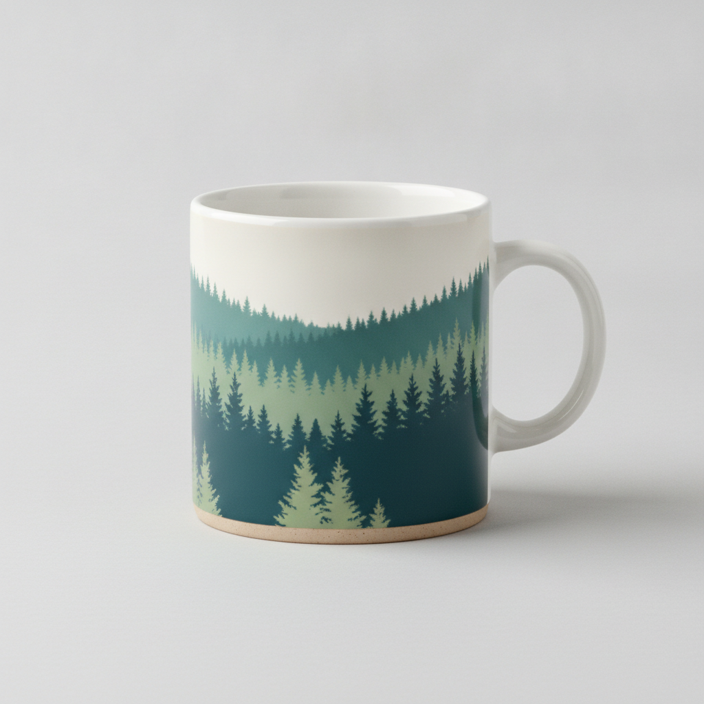 AI mug design generator result: a white ceramic mug printed with a wrap-around pine forest treeline in layered teal, deep green and sage, the trees continuing around the curve of the mug and running behind the handle, with a cream sky band below the rim and a raw clay foot ring at the base