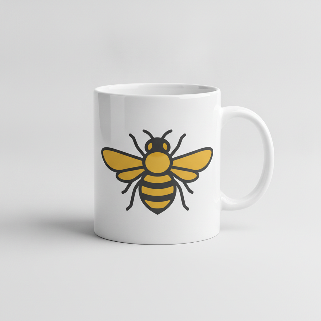 Centre motif mug designed with AI: a glossy white mug with one large stylised honeybee printed on the side facing the camera in flat mustard yellow and charcoal with thick clean outlines, generous empty white glaze all around it