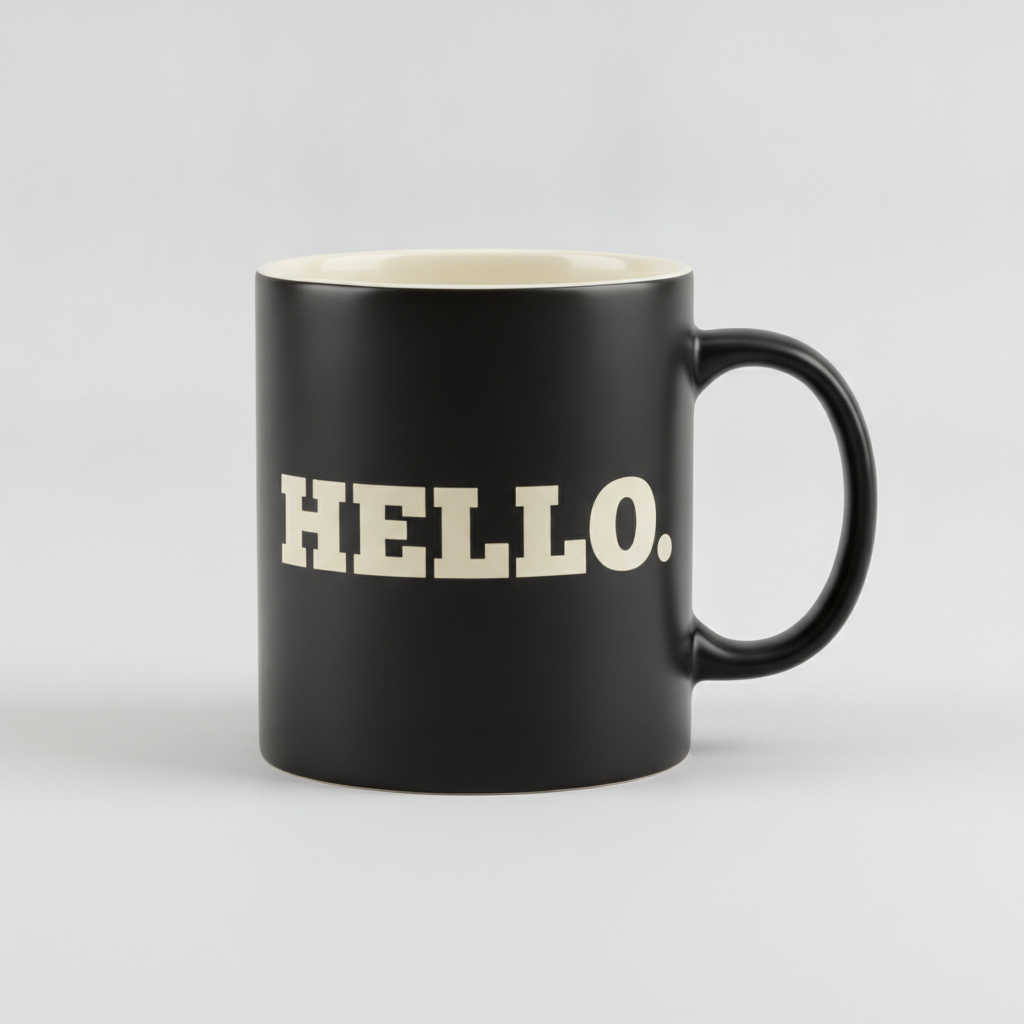 Typographic quote mug from the AI mug design generator: a matte black mug with the word HELLO set large across the side in a bold cream slab-serif capital, correctly spelled and evenly kerned, with a cream inner glaze visible at the rim