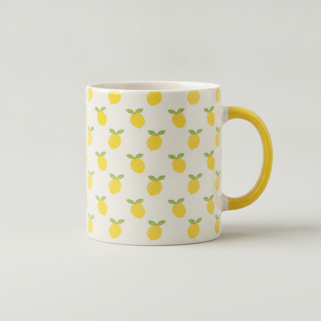 All-over repeat pattern mug designed with AI: a small lemon-and-leaf motif in bright yellow and green tiled in even staggered rows across an off-white mug body, the pattern wrapping continuously around the curve with no blank panel, and a plain yellow glazed handle