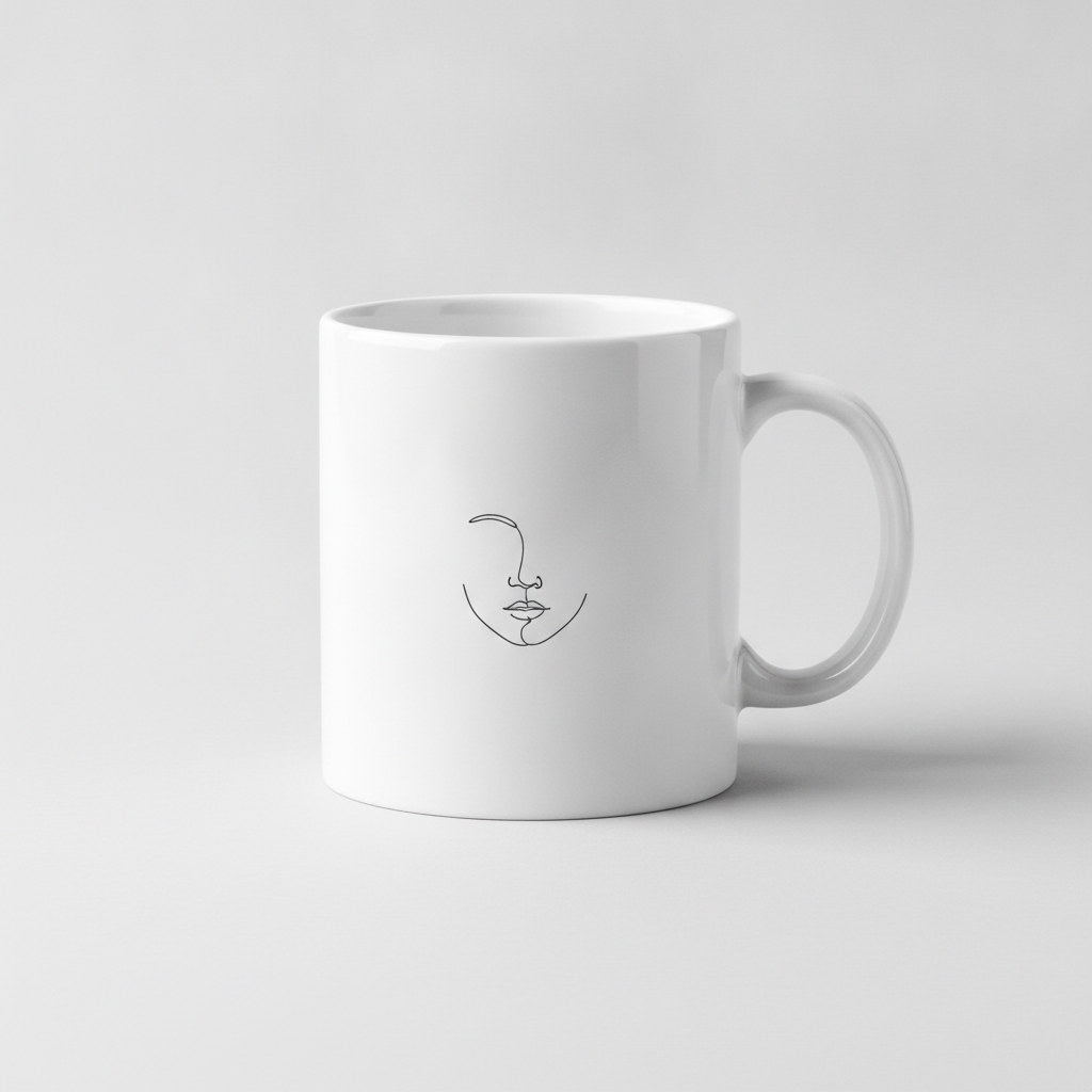 Minimal line art mug from the AI mug design generator: a plain white matte mug with one small continuous single-line drawing of a face in profile in thin black line, no shading or fill, surrounded by a large area of empty white glaze