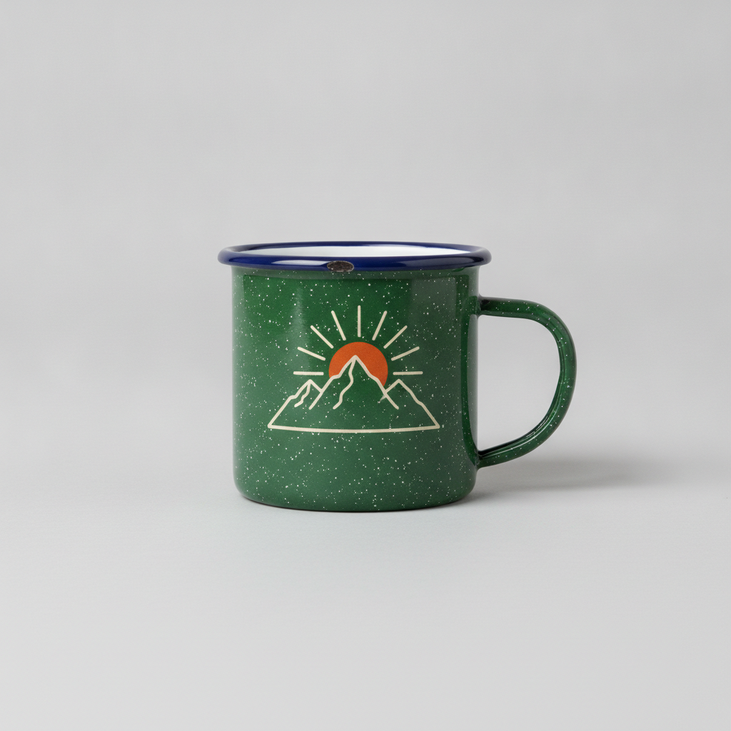 Enamel camp mug designed with AI: a deep forest green speckled enamelware mug with a navy blue rolled rim and matching side handle, printed with a simple cream line-drawn mountain range and a burnt orange rising sun on the side