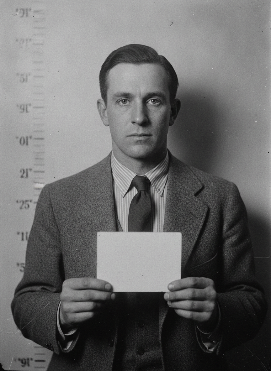AI mugshot generator turning a person into a vintage 1920s black-and-white police booking photo while keeping their real face