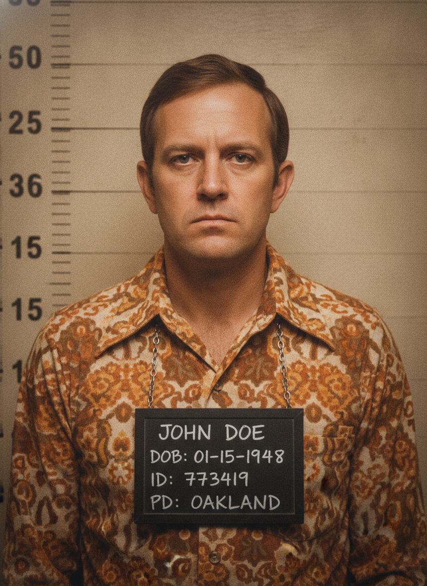 Retro 1970s color mugshot against a beige height-chart wall created with the AI mugshot generator