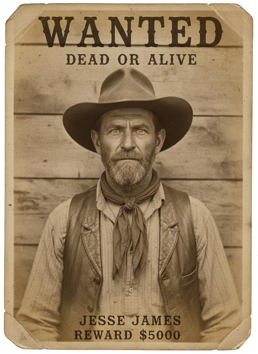 Old-west sepia wanted-poster mugshot generated on a photo with the AI mugshot generator