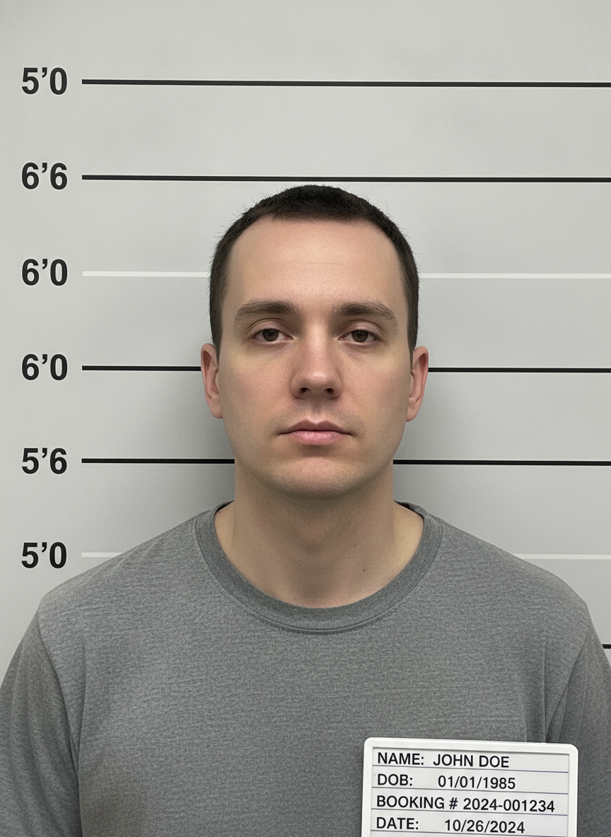Modern high-resolution police booking photo against a white height chart made with the AI mugshot generator