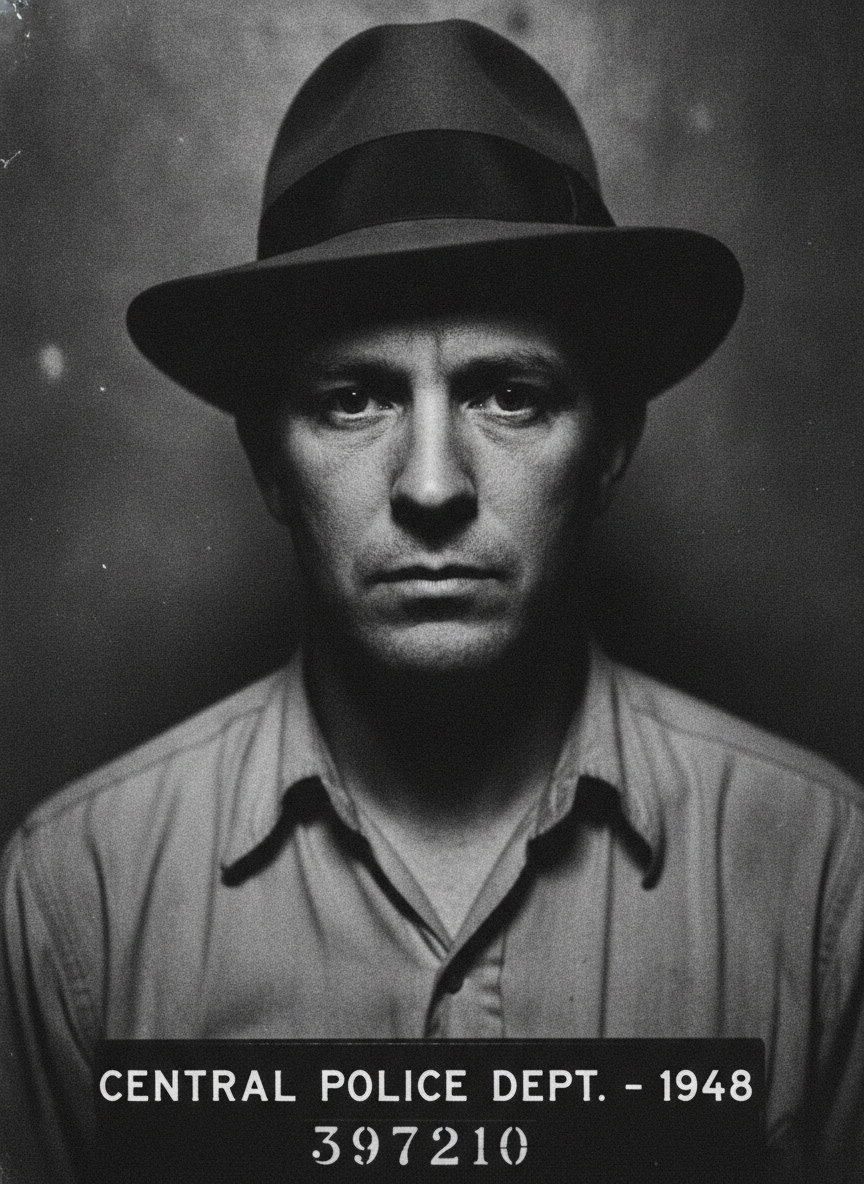 Moody film-noir black-and-white mugshot with dramatic shadows created with the AI mugshot generator