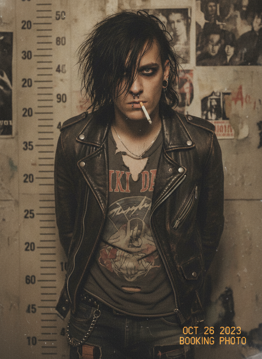 Gritty grunge rockstar-style color mugshot made with the AI mugshot generator