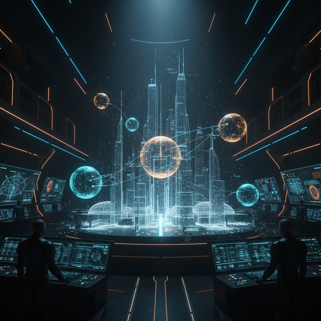 AI multi-agent imaging output — glowing AI agent orbs collaborating to assemble a complex holographic cityscape in a cinematic sci-fi command center