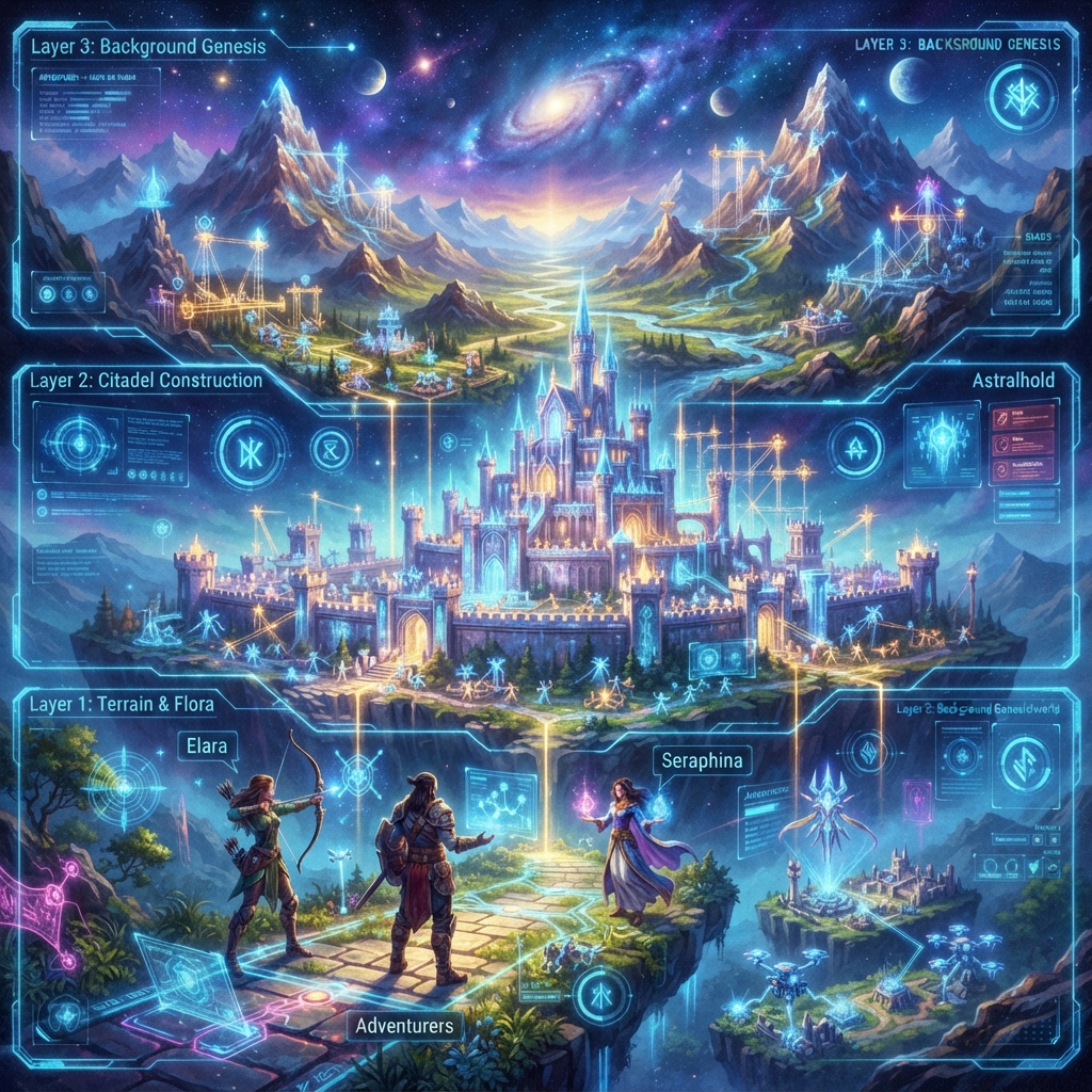 Layered AI multi-agent imaging composite — a fantasy landscape built in stages with foreground characters, a midground castle, and background mountains merging into one scene