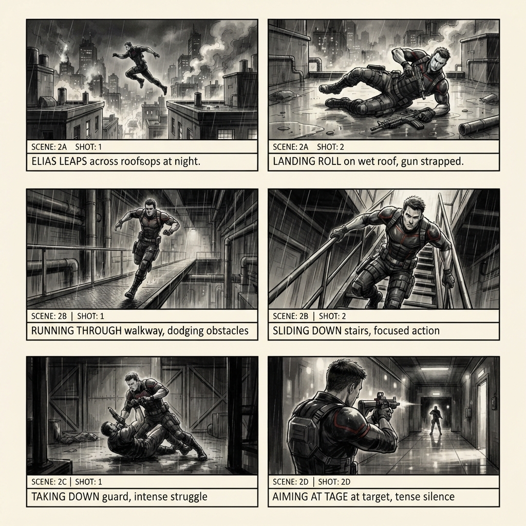 AI multi-agent imaging storyboard — six connected panels showing a consistent hero character moving through a dynamic action sequence