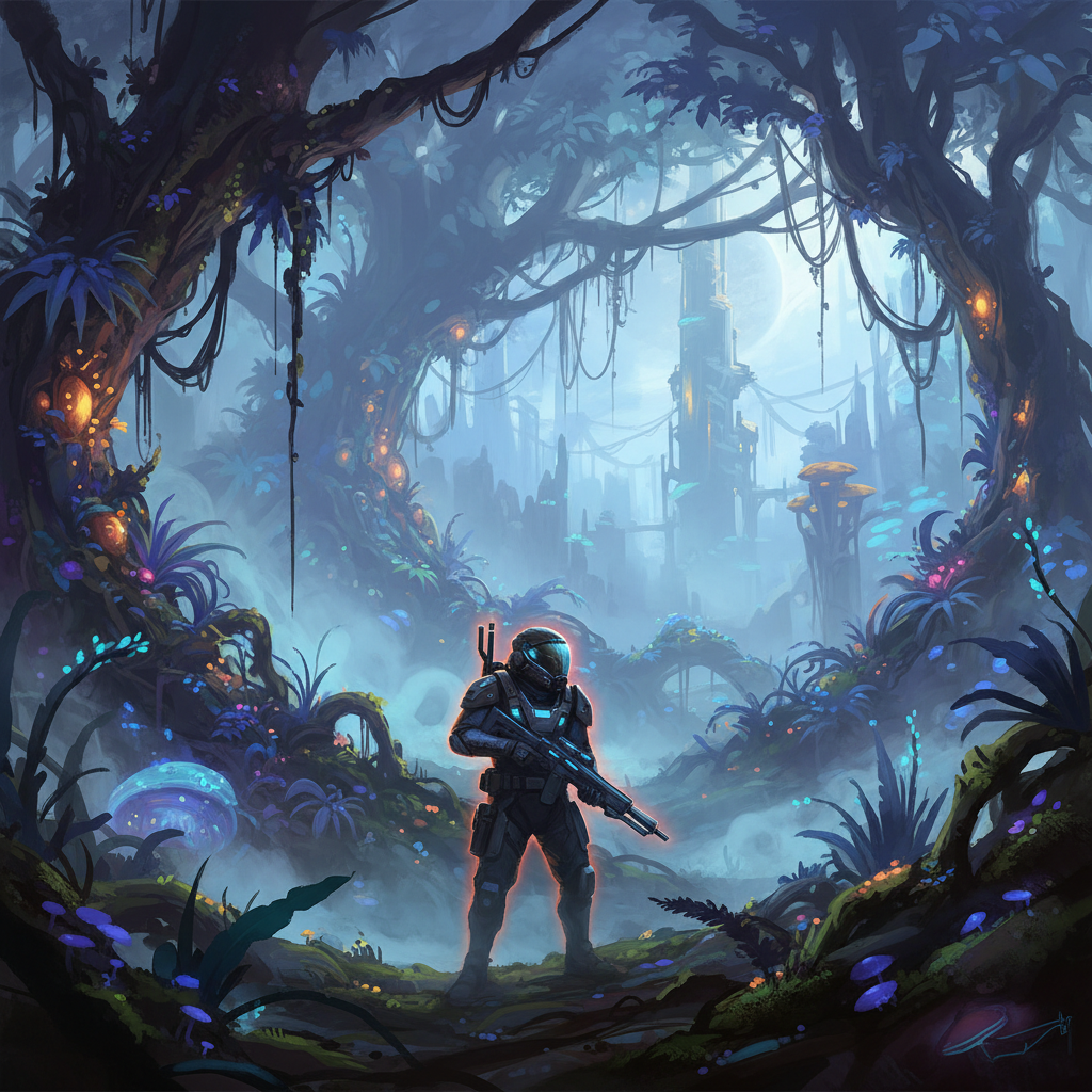 AI multi-agent imaging concept art — a lone explorer in a vast alien jungle with bioluminescent plants and dramatic rim lighting, rendered in 4K