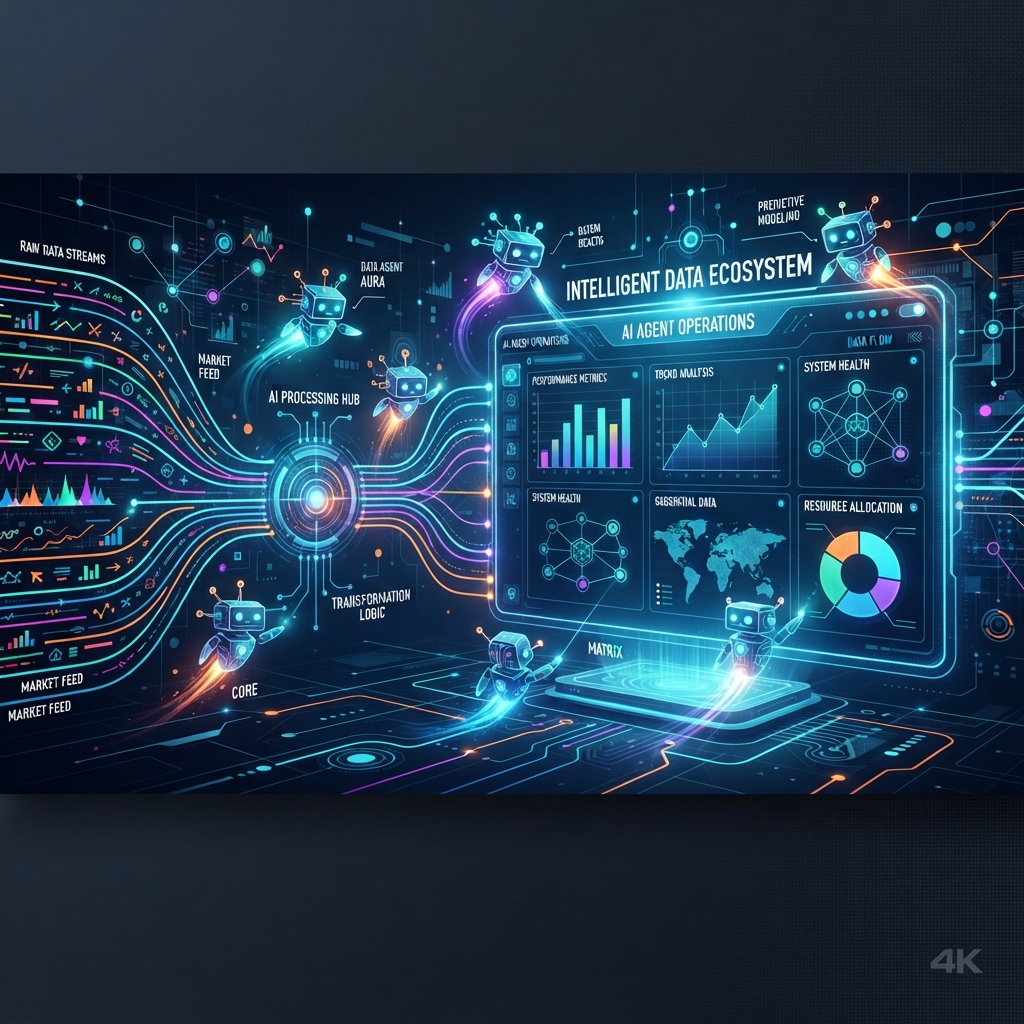 AI multi-agent imaging data visual — multiple AI agents transforming charts and data streams into a cohesive futuristic dashboard artwork with glowing nodes