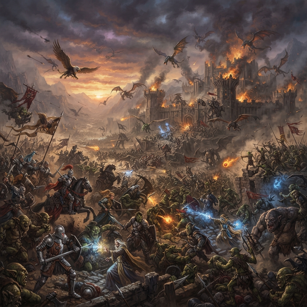Epic AI multi-agent imaging battle scene — dozens of intricate characters and creatures composited seamlessly into one coherent dynamic 4K composition