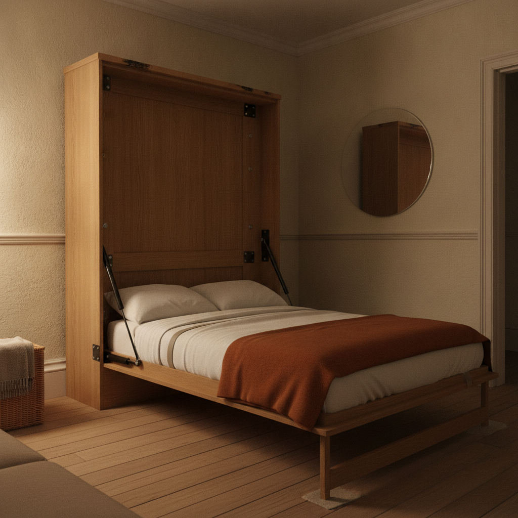 AI murphy bed design generator result: an oak wall bed folded down for the night, the platform swung out of a wall-fixed cabinet on bolted pivot plates, two black gas struts extended, a padded foot resting on oak boards and a round frameless mirror on the plaster wall beside it.