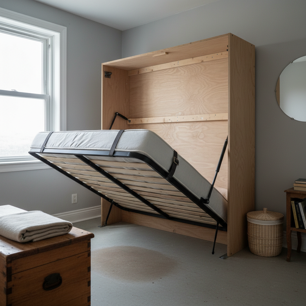 AI murphy bed design generator result: a birch plywood wall bed caught halfway open, the underside of the platform facing the camera with pine slats screwed across steel rails, webbing straps buckled over the mattress, both gas struts half extended and a steel angle bracket bolting the cabinet to the floor.