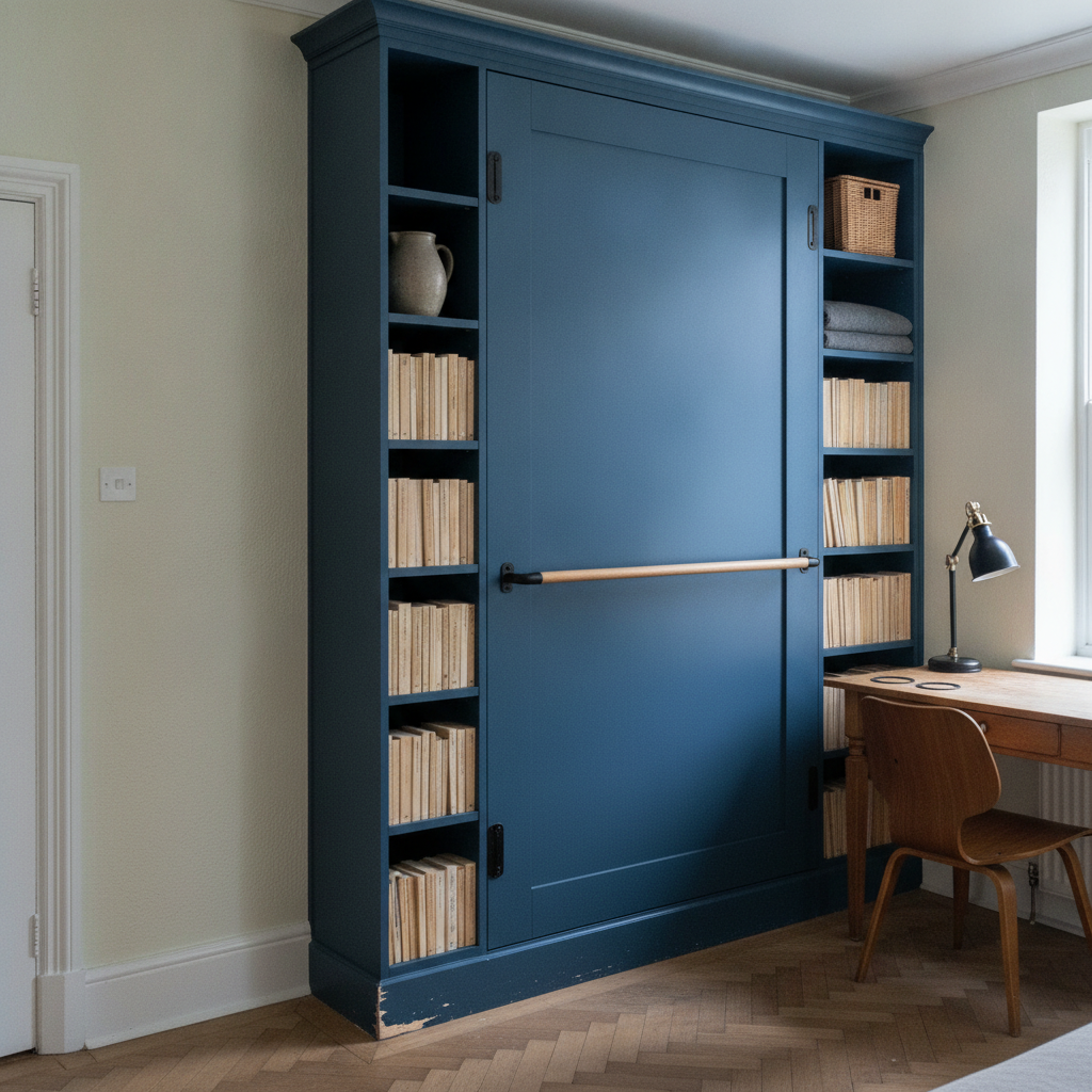 AI murphy bed design generator result: an ink blue wall bed closed into a floor-to-ceiling run of fitted joinery, flanked by shelves of books stood spine-inward with only their page edges showing, an oak handrail bolted across the door face and a desk with two water rings in front.