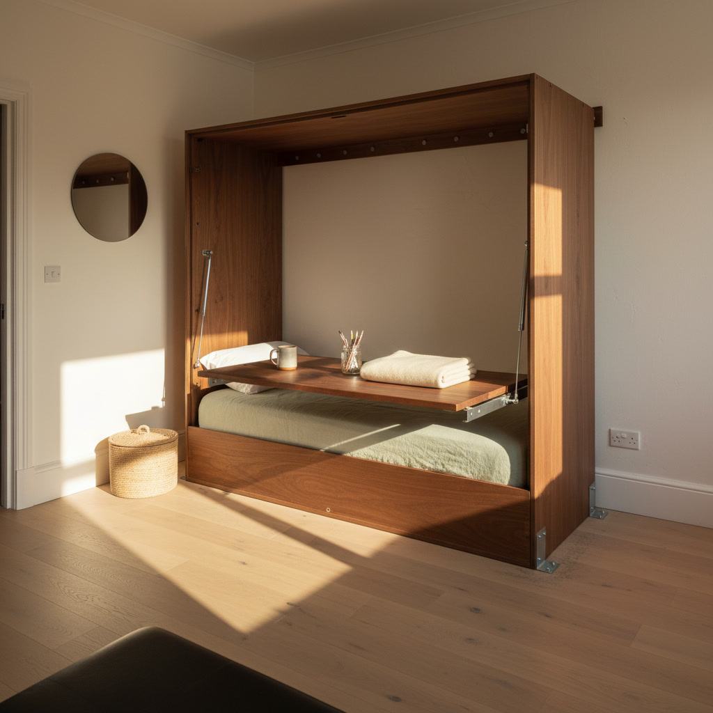 AI murphy bed design generator result: a walnut murphy bed with a desk front, the desk hanging level on two bolted steel linkage arms with a mug, a jar of pencils and a folded blanket still standing on it, late afternoon sun laying long shadows across pale oak flooring.