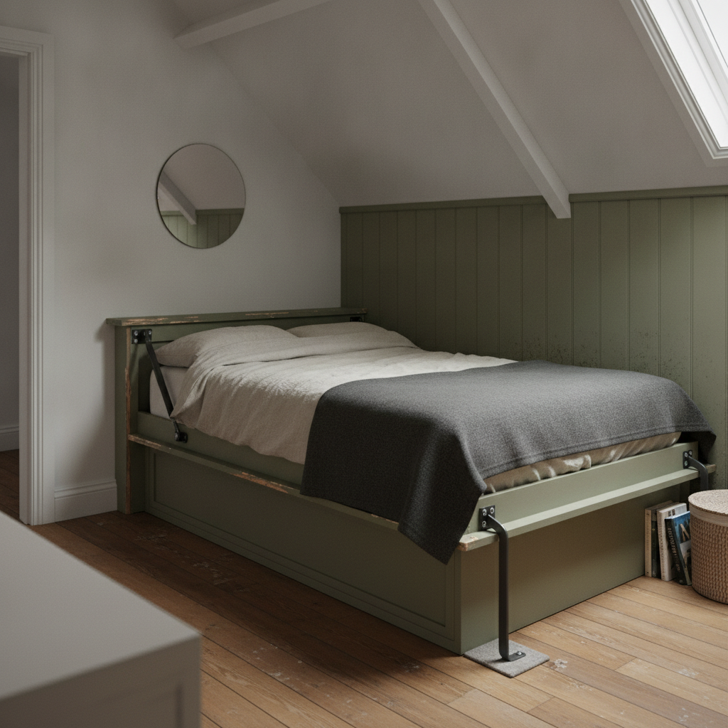 AI murphy bed design generator result: an olive green horizontal wall bed folded down sideways under a sloping attic ceiling, its paint chipped through to bare timber along the cabinet rails, one folding leg standing on a grey pad and daylight falling from a roof window above.