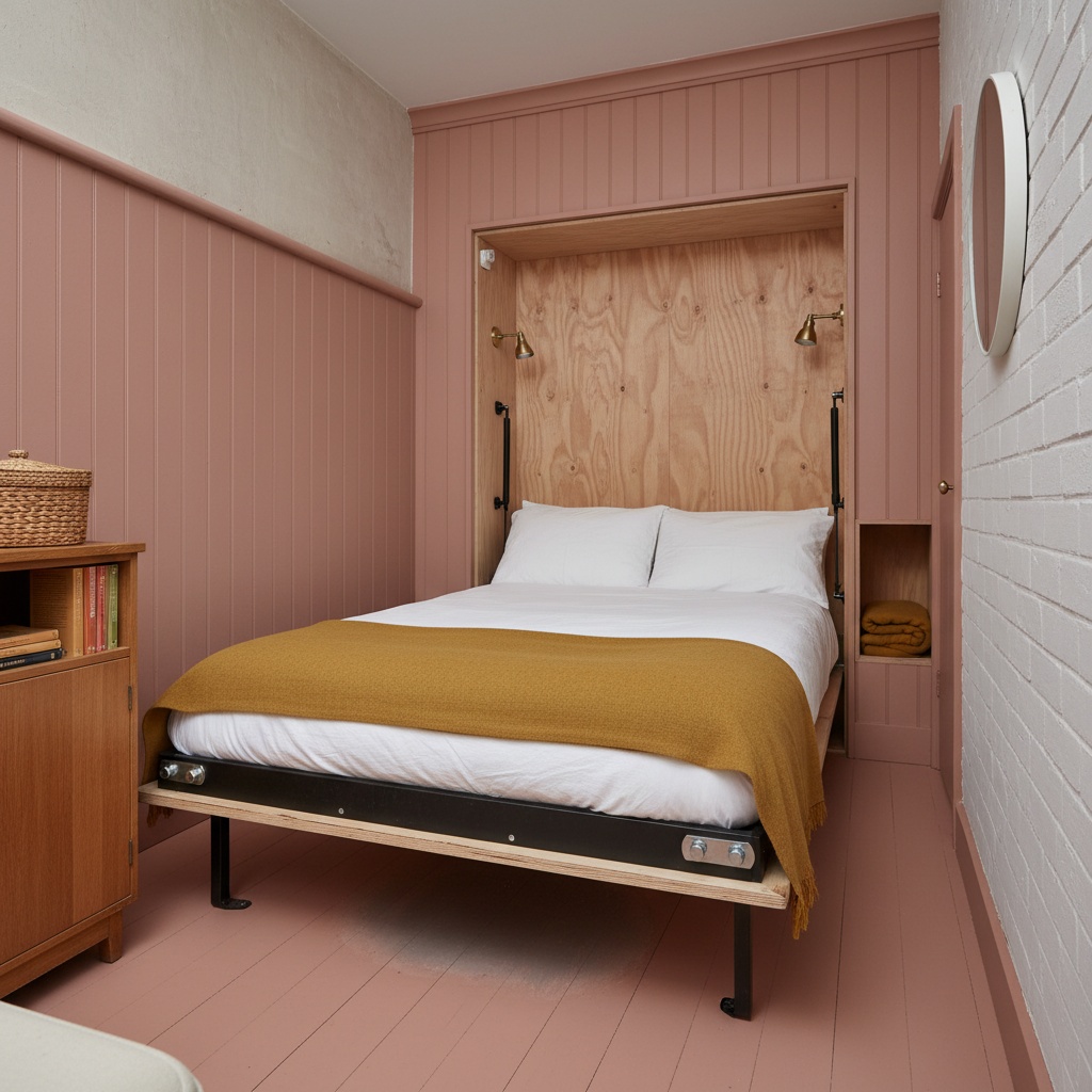 AI murphy bed design generator result: a wall bed built into a clay pink panelled wall in a narrow studio, the recess cut clean through the panelling and lined in birch plywood, a steel channel bolted through the platform edge and a white painted brick wall opposite.