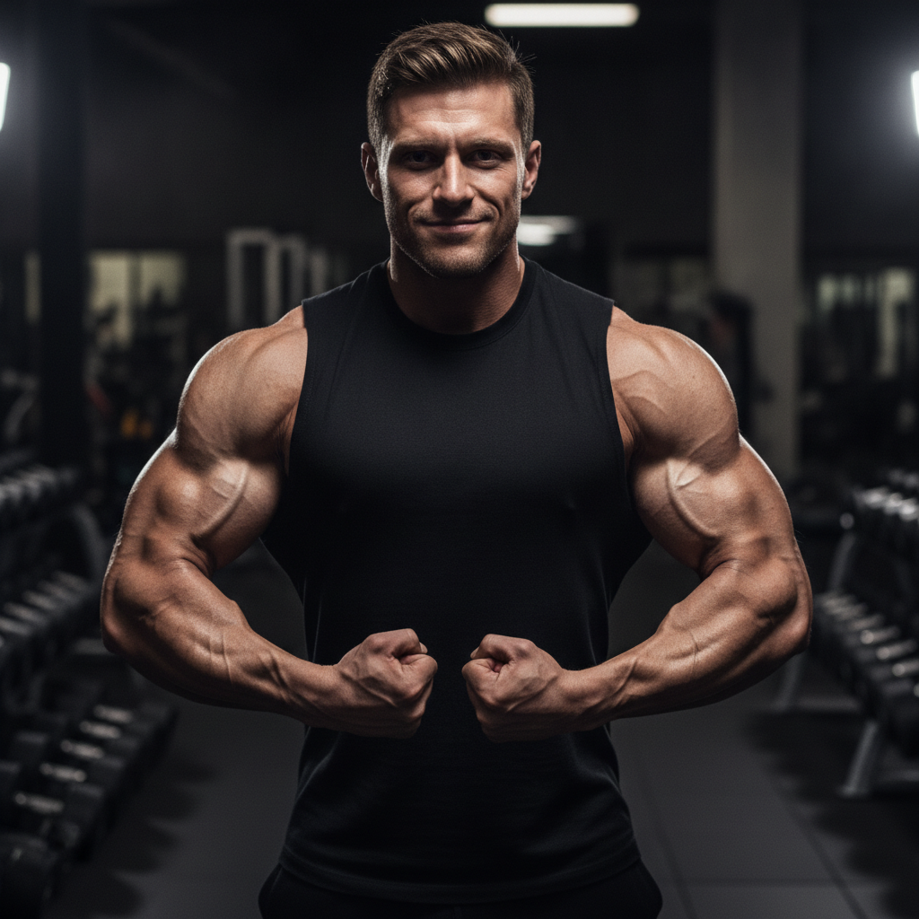 AI muscle generator result showing a man transformed into a powerful bodybuilder physique flexing in a gym