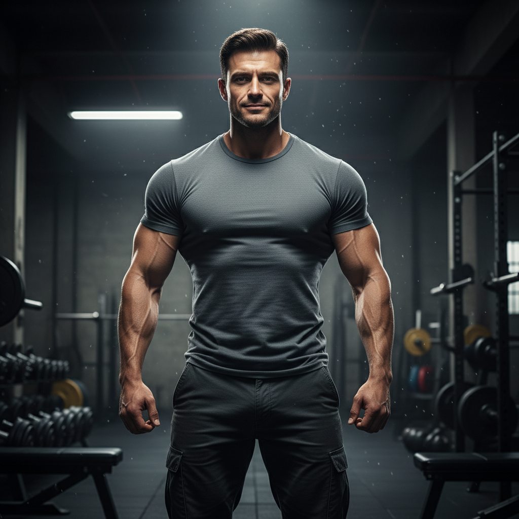 AI muscle generator result showing a man transformed into a muscular action hero physique with broad shoulders